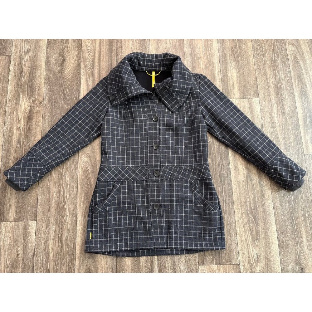 LOLE Plaid Button Hooded Coat Pockets Women’s Large Black Gray Checkered Fleece